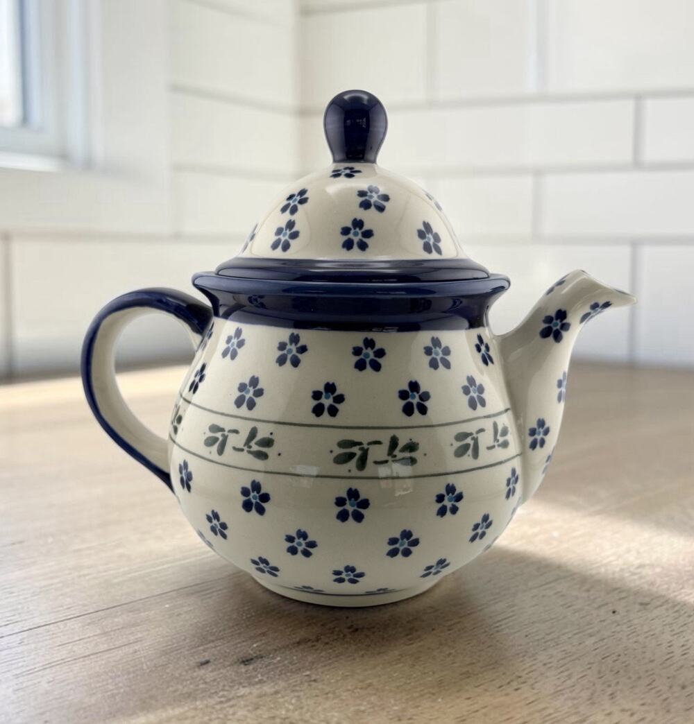Boleslawiec Polish Pottery Handmade Cream/ Blue /Green Floral Teapot 9" Tall
